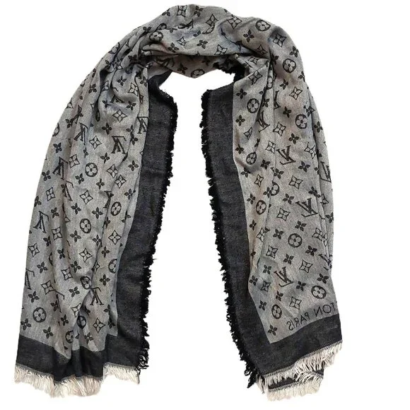 LOUIS VUITTON LV Vintage Light & Charcoal Gray Black Monogram Scarf Shawl Wrap - Picture 3 of 11